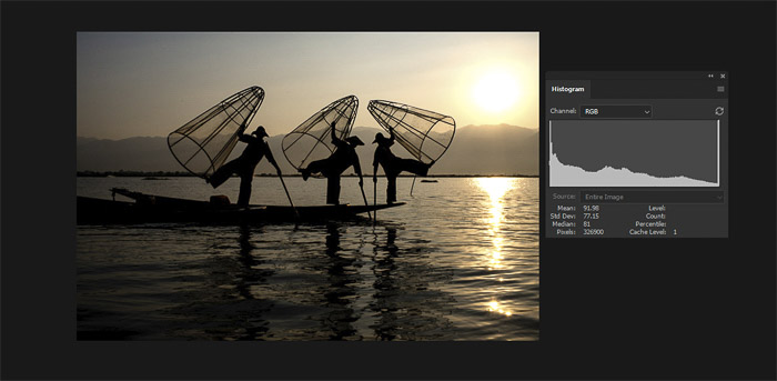 Screenshot of a well exposed image of fishermen beside the histogram 