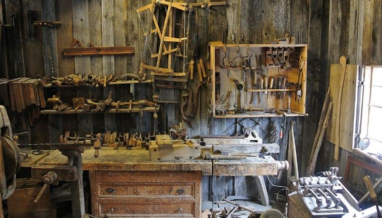woodworking tools hanging on a wall