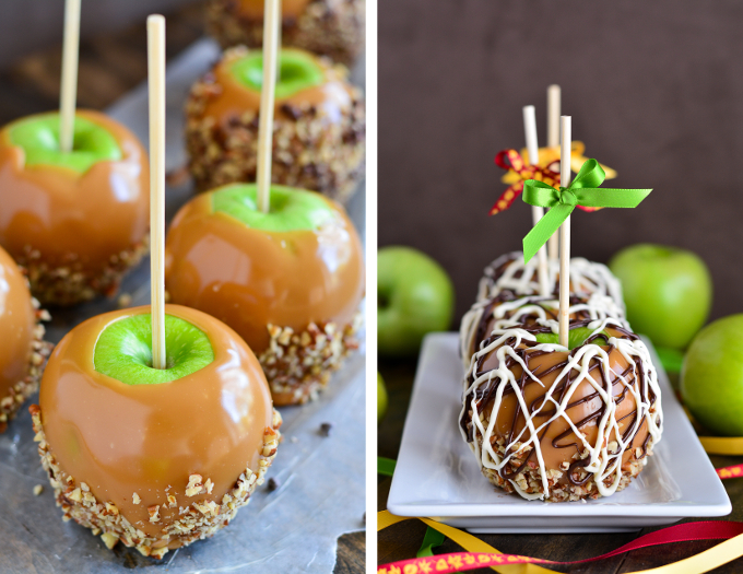 Close up of a caramel apple coated in nuts and chocolate chips.